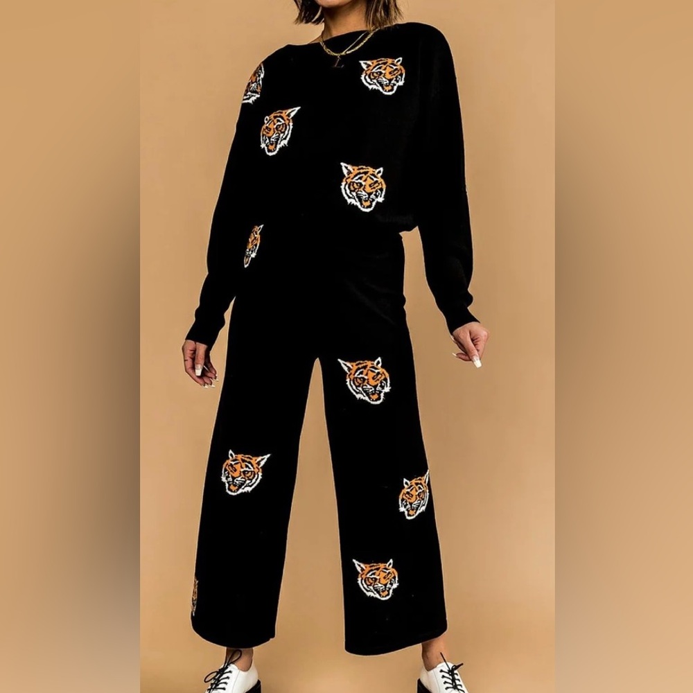 Dressed in LALA Black Wide Leg Pants with Orange & White Tiger Patches